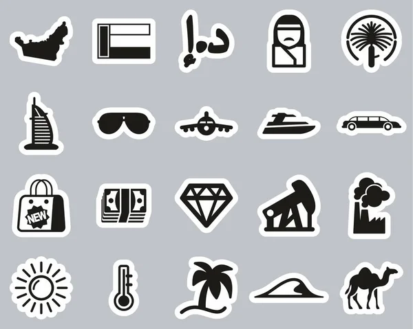 Emiratos Árabes Unidos País Cultura Iconos Blanco Negro Conjunto Etiquetas — Vector de stock