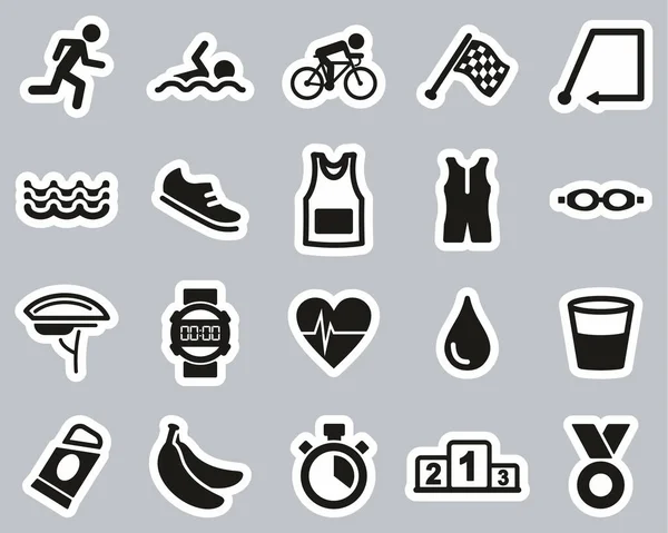 Triathlon Race Equipment Icons Black White Sticker Set Big — Stock Vector