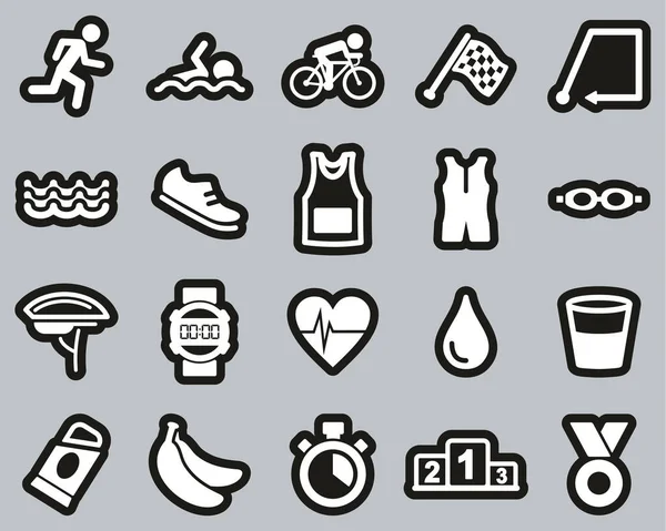 Triathlonrennen Ausrüstung Icons White Black Sticker Set Big — Stockvektor
