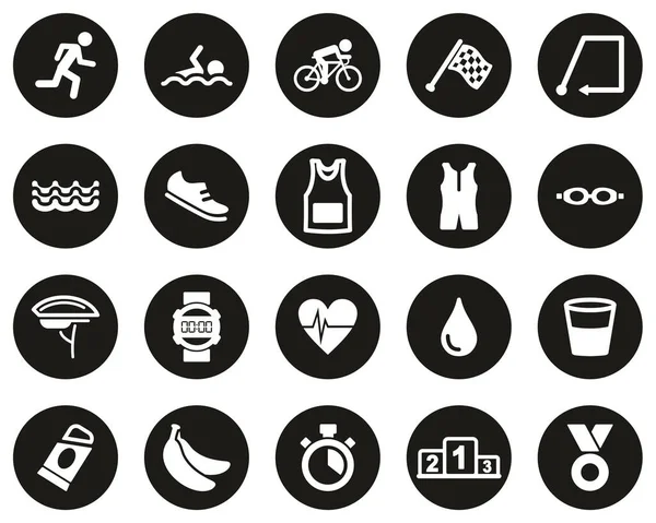 Triathlon Race Equipment Icons White Black Flat Design Circle Set — Stock Vector