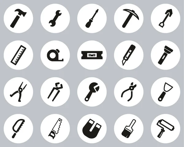 Tools Icons Black White Flat Design Circle Set Groß — Stockvektor