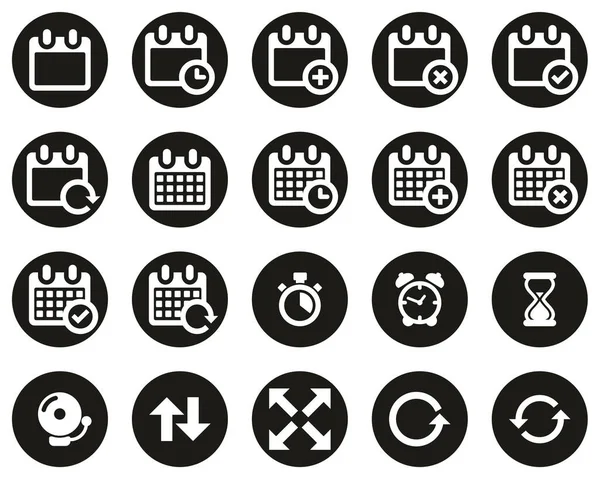 Tiempo Programar Iconos Blanco Negro Diseño Plano Conjunto Círculo Grande — Vector de stock