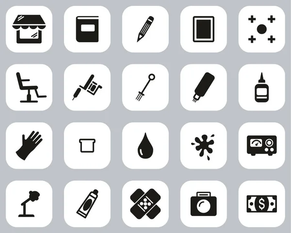 Tatuaje Tienda Equipo Iconos Blanco Negro Flat Design Set Grande — Vector de stock