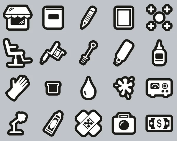 Tattoo Shop Equipment Icons White Black Sticker Set Big — Stock Vector