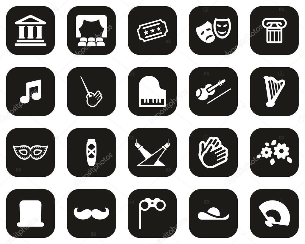 Theater Or Opera Icons White On Black Flat Design Set Big