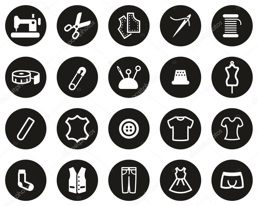 Tailor Shop Icons White On Black Flat Design Circle Set Big