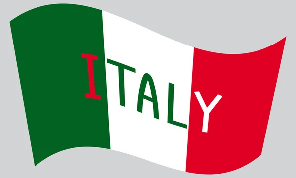 Ιταλική σημαία κυματίζει με λέξη Ιταλία — Διανυσματικό Αρχείο