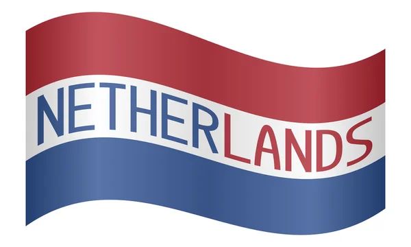 Bandera de Holanda ondeando con la palabra Netherlands on white — Vector de stock