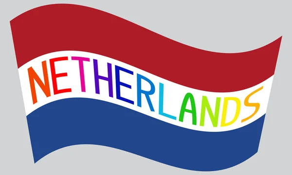 Nizozemské vlajky s vícebarevné slovo Nizozemsko mávat na šedé — Stockový vektor