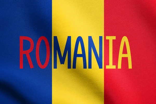 Bandiera rumena e parola Romania con trama in tessuto — Foto Stock