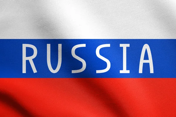 Rosyjski Rosja flagi i word z tekstura tkanina — Zdjęcie stockowe