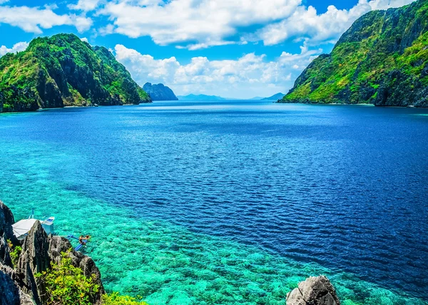 Scenic view of sea bay and mountain islands