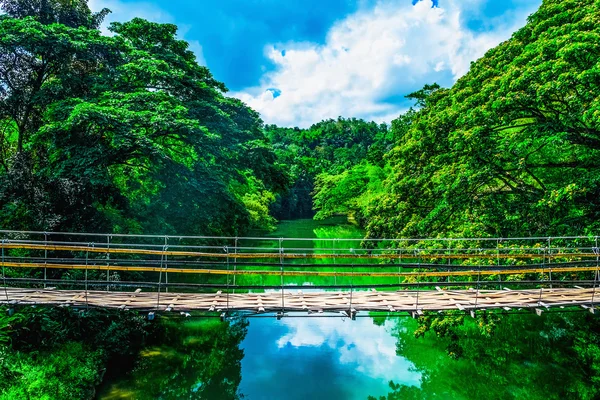 Puente colgante peatonal de bambú sobre río — Foto de Stock