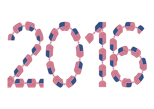 Año 2016 hecho de banderas de Estados Unidos en forma de caramelos — Vector de stock