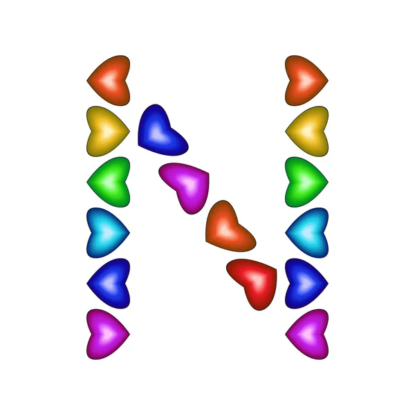 Lettre N faite de coeurs multicolores — Image vectorielle