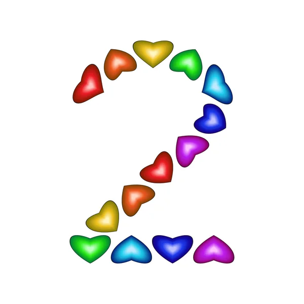 Number 2 made of multicolored hearts — Stock Vector