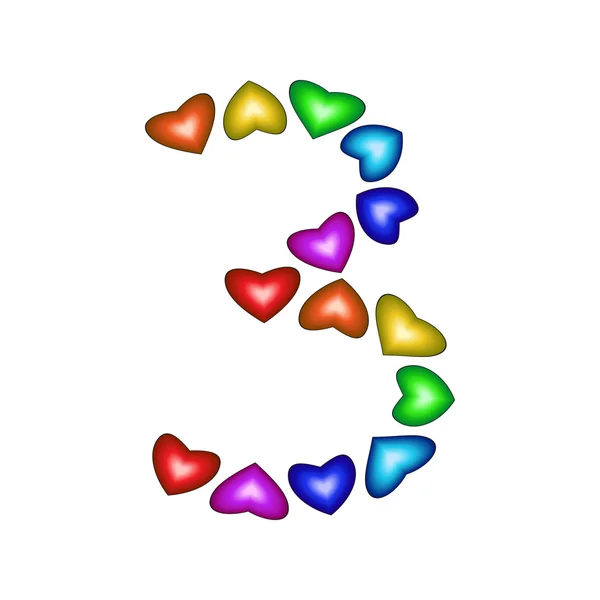 Nummer 3 gemaakt van veelkleurige harten — Stockvector