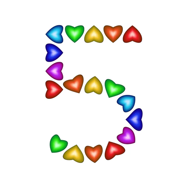 Number 5 made of multicolored hearts — Stock Vector