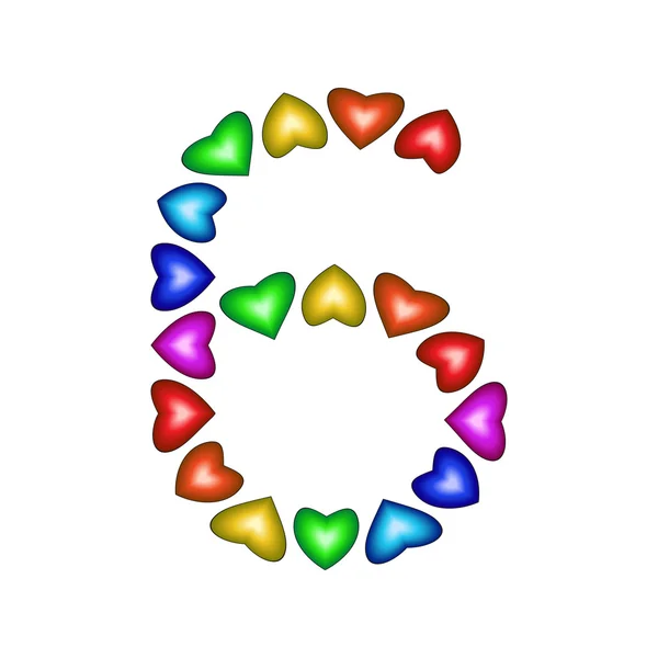 Número 6 hecho de corazones multicolores — Vector de stock