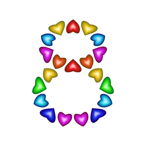 Numero 8 fatto di cuori multicolori — Vettoriale Stock