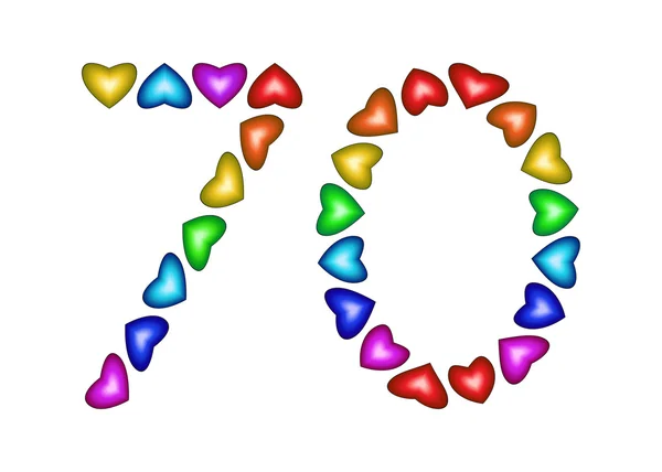 Número 70 hecho de corazones multicolores — Vector de stock