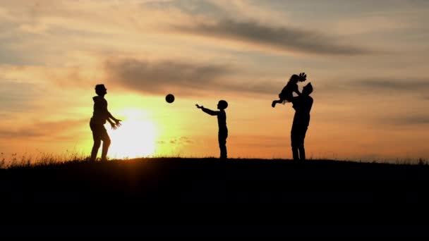 自然の中で家族旅行。母と息子はボールで遊んでいます.父はまるで飛んでいるかのように彼の腕の中で彼の娘をツイスト. — ストック動画