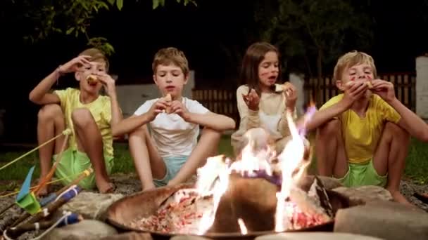 Kinder sitzen am Feuer auf der Straße und essen. Sie haben genug von Unterhaltung. Kinder spielten Indianer. Sie haben gemalte Gesichter. Abend. — Stockvideo