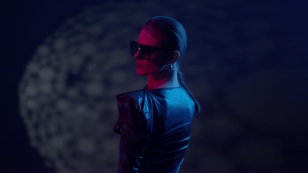 Mysterious Girl In Sunglasses In Blue Room Color. — Stock Video