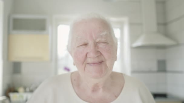 Πορτρέτο της ηλικιωμένης γυναίκας που κάθεται στην κουζίνα. — Αρχείο Βίντεο