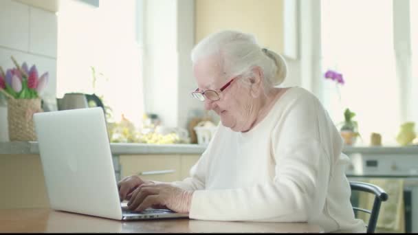 Porträt einer alten Frau, die in der Küche sitzt. Großmutter benutzt Laptop. — Stockvideo