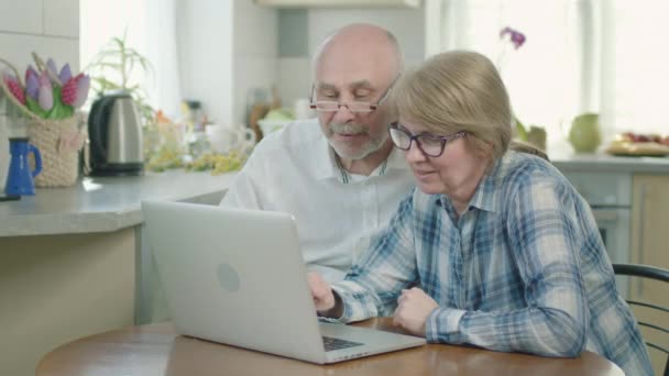 Pareja madura hombre y mujer sentado en el ordenador portátil. — Vídeo de stock