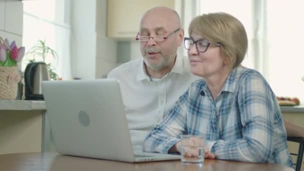 Volwassen paar man en vrouw zitten op Laptop. Ze praten met iemand.. — Stockvideo