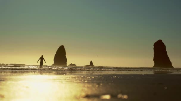 Frumoasa plajă Canon. Guy Pe The Surfboard Tries Pentru Prinde The Wave . — Videoclip de stoc