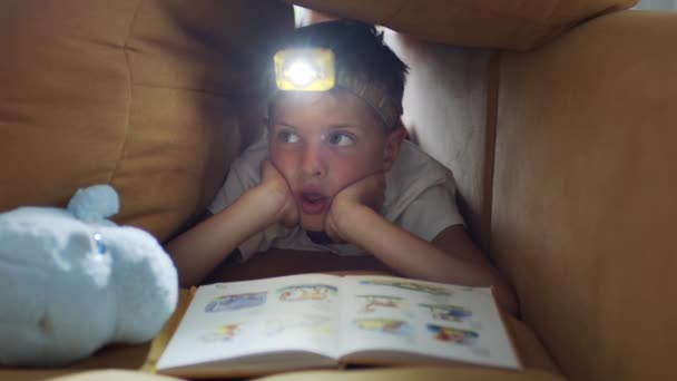 Niño con linterna en la cabeza lee libro. — Vídeos de Stock