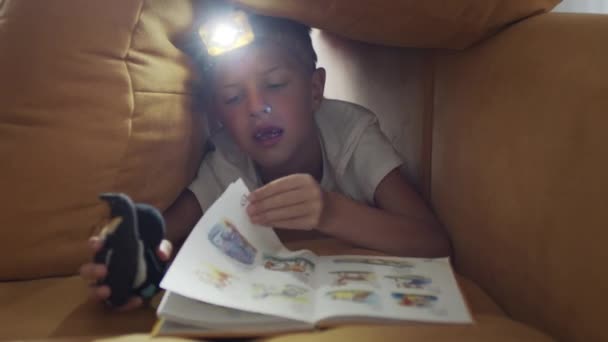 Niño con linterna en la cabeza lee libro. — Vídeos de Stock