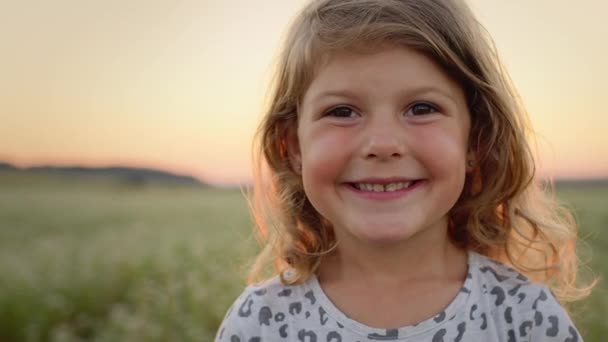 Porträt eines kleinen Mädchens vor dem Hintergrund von Himmel und Feld. Hübsches Mädchen mit langen lockigen Haaren. — Stockvideo