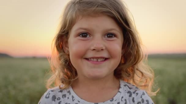 Retrato de una niña pequeña en el fondo del cielo y el campo. Linda chica con el pelo largo y rizado. — Vídeos de Stock