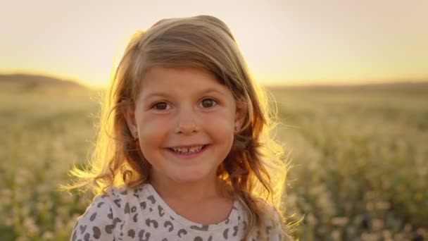 Portrét malé dívky na pozadí oblohy a pole. Hezká dívka s dlouhými kudrnatými vlasy. Dívka hodí okvětní lístky. — Stock video