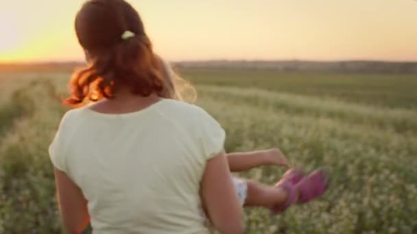 Familie wandeling in het veld. Moeder Twists haar kleine dochter in haar armen. — Stockvideo