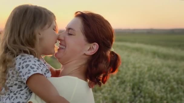 Die junge Mutter hält ihre Tochter im Arm. Sie befinden sich in der Mitte des Feldes. Mädchen berührt ihre Mutter Nase mit der Nase. — Stockvideo