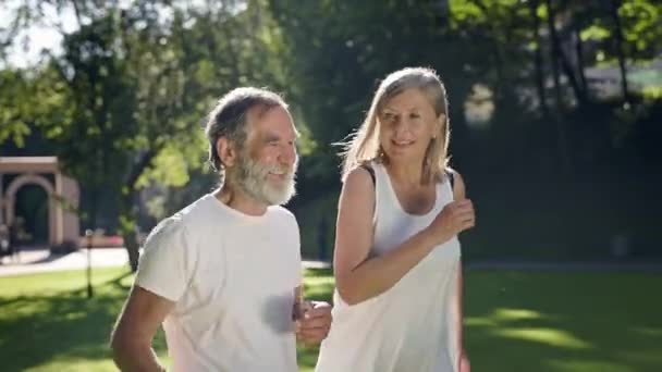 Pár starších lidí běhajících v parku. Ranní běh. Oni mluví. — Stock video