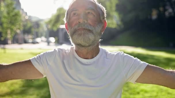 Oudere grijze harige man doet fitness in het park. Hij verheft en laat zijn handen zakken.. — Stockvideo
