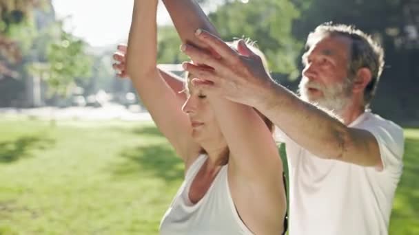 Ältere Männer und Frauen mit grauen Haaren machen Fitness im Park. Mann korrigiert Frauenhände. — Stockvideo