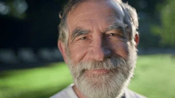Tvář šedovlasého muže s bradkou. Je v parku. He Smiles. — Stock video