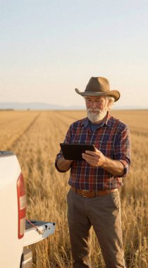 Buğday tarlasında elinde tablet tutan adam ekose gömlek ve şapka giyiyor, odaklanmış ifade, bulutlu gökyüzü, mahsul durumunun dijital denetimi
