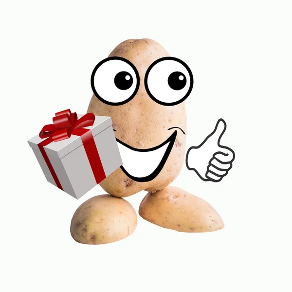 Lite potatis man med liten present — Stockfoto