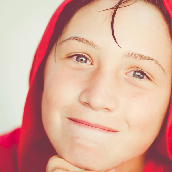 Funny boy with red bathrobe — Stock Photo, Image