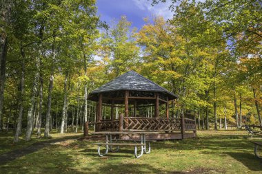 Sonbahar boyunca Michigan 'daki Marquette yakınlarındaki Presque Adası eyalet parkında tahta çarşaf..