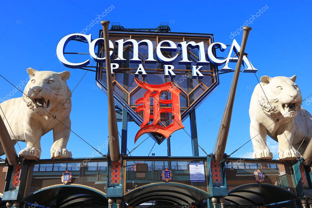 Detroit, Michigan, USA - August 30, 2020: Entrance of Comerica Park stadium, home of the Detroit Tigers team.