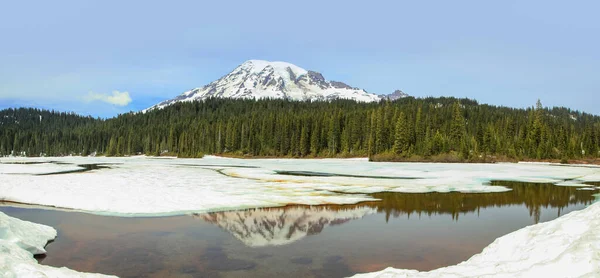 Rainier Dağı milli parkındaki Aynalı Göl manzarasının panoramik görüntüsü
